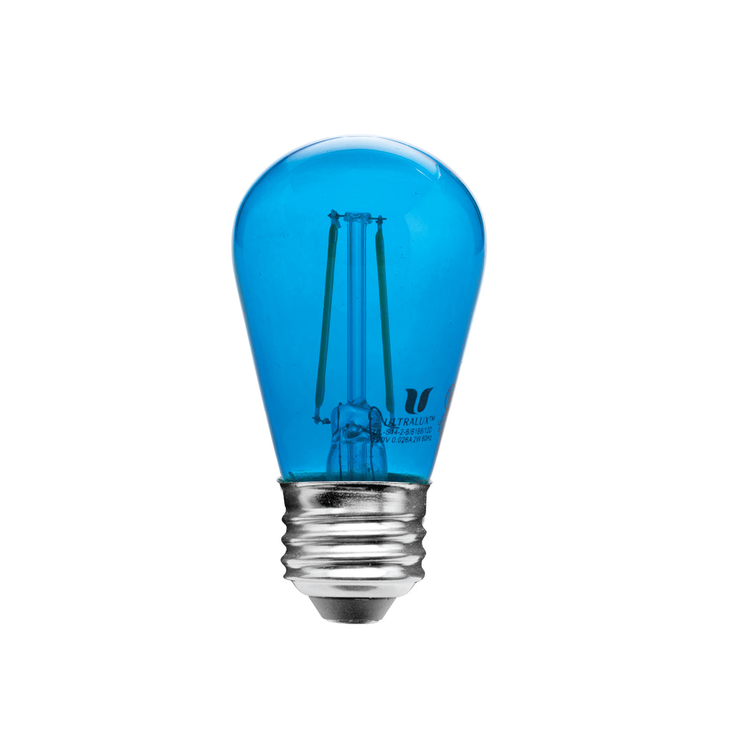 blue colored S14 light bulb on white background