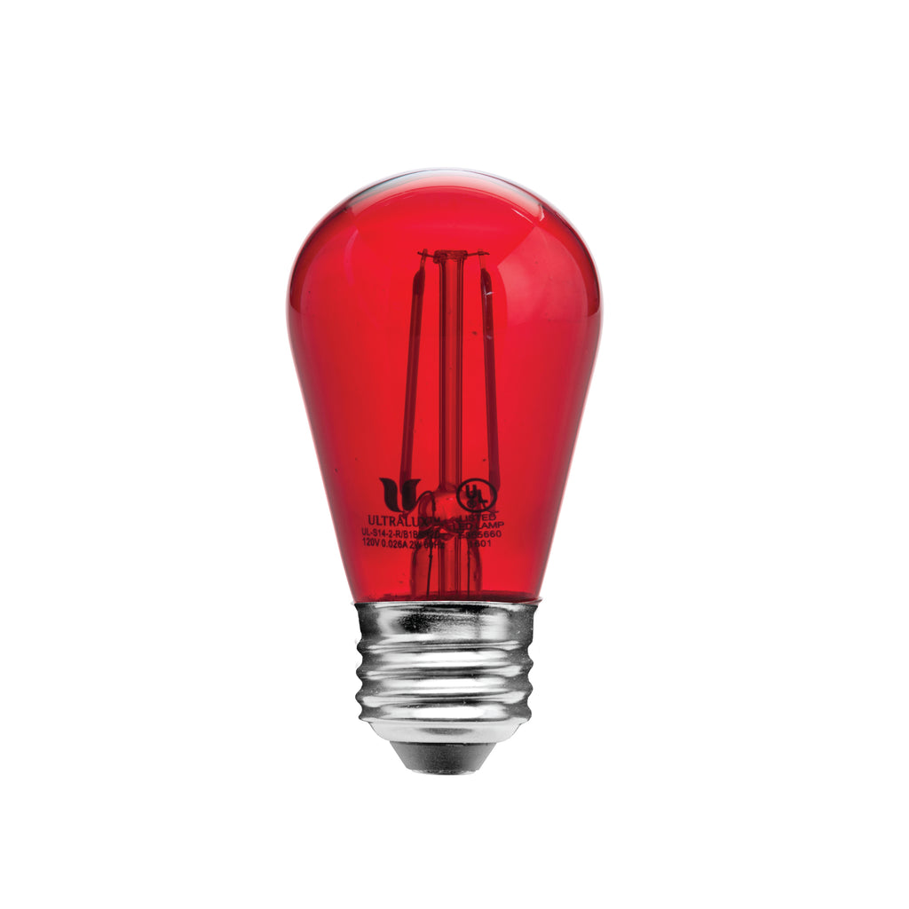 red colored S14 light bulb on white background