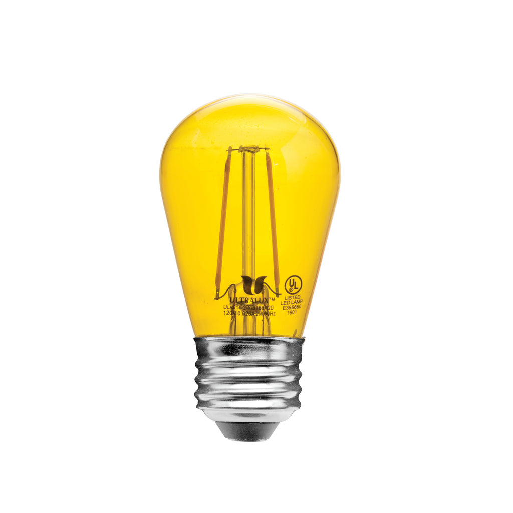 yellow colored S14 light bulb on white background