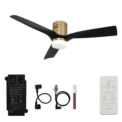 CARRO® SPEZIA 48VDC 3-Blade Flush Mount Smart Ceiling Fan with LED Light Kit & Remote – Brushed Gold / Matte Black