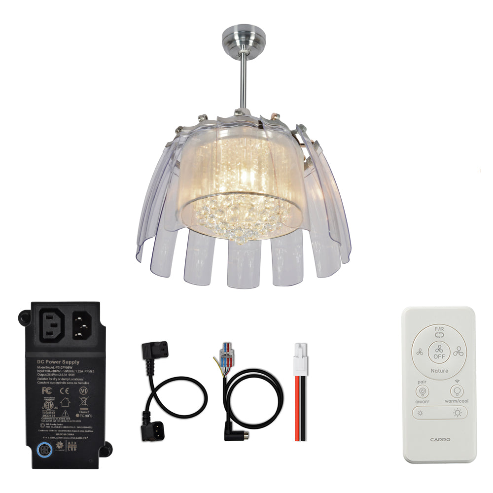 CARRO® BLUEBELL 24VDC 11-Blade Smart Crystal Chandelier Ceiling Fan with Light Kit & Remote – Silver