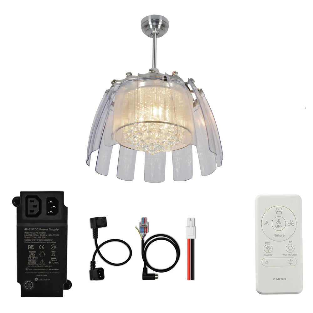 CARRO® BLUEBELL 48VDC 11-Blade Smart Crystal Chandelier Ceiling Fan with Light Kit & Remote – Silver
