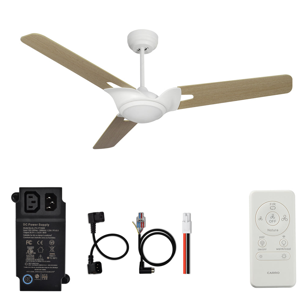 CARRO® HOFFEN 24VDC 3-Blade Smart Ceiling Fan with LED Light Kit & Remote – Matte White / Light Chestnut