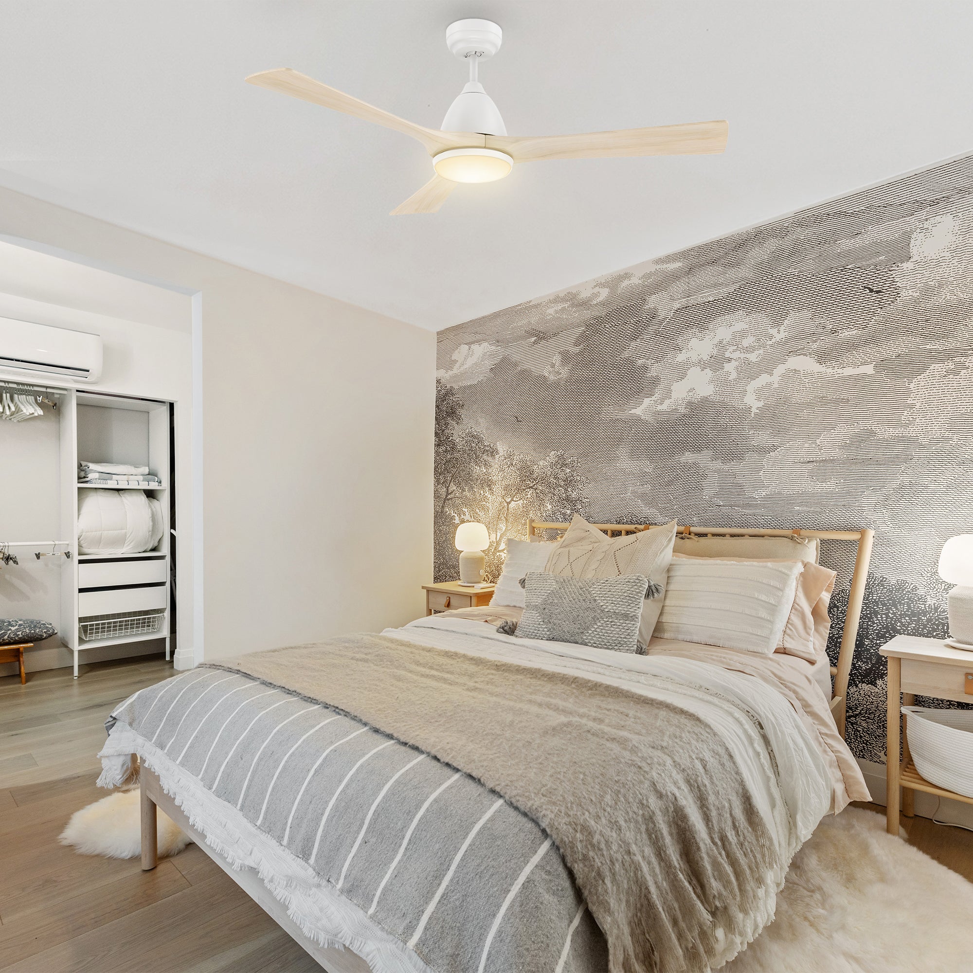 CARRO® NICOLET 24VDC 3-Blade Smart Ceiling Fan with LED Light Kit & Remote – Matte White / White Oak *Free Shipping*