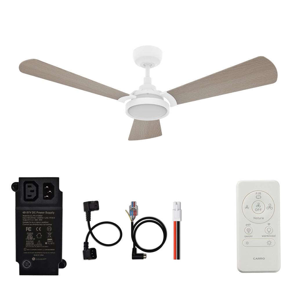 CARRO® BRISA 48VDC 3-Blade Smart Ceiling Fan with LED Light Kit & Remote – Matte White / Light Wood