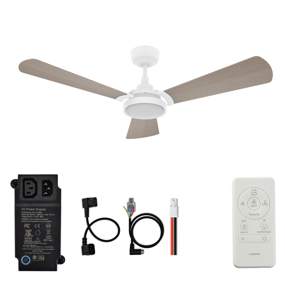 CARRO® BRISA 24VDC 3-Blade Smart Ceiling Fan with LED Light Kit & Remote – Matte White / Light Wood