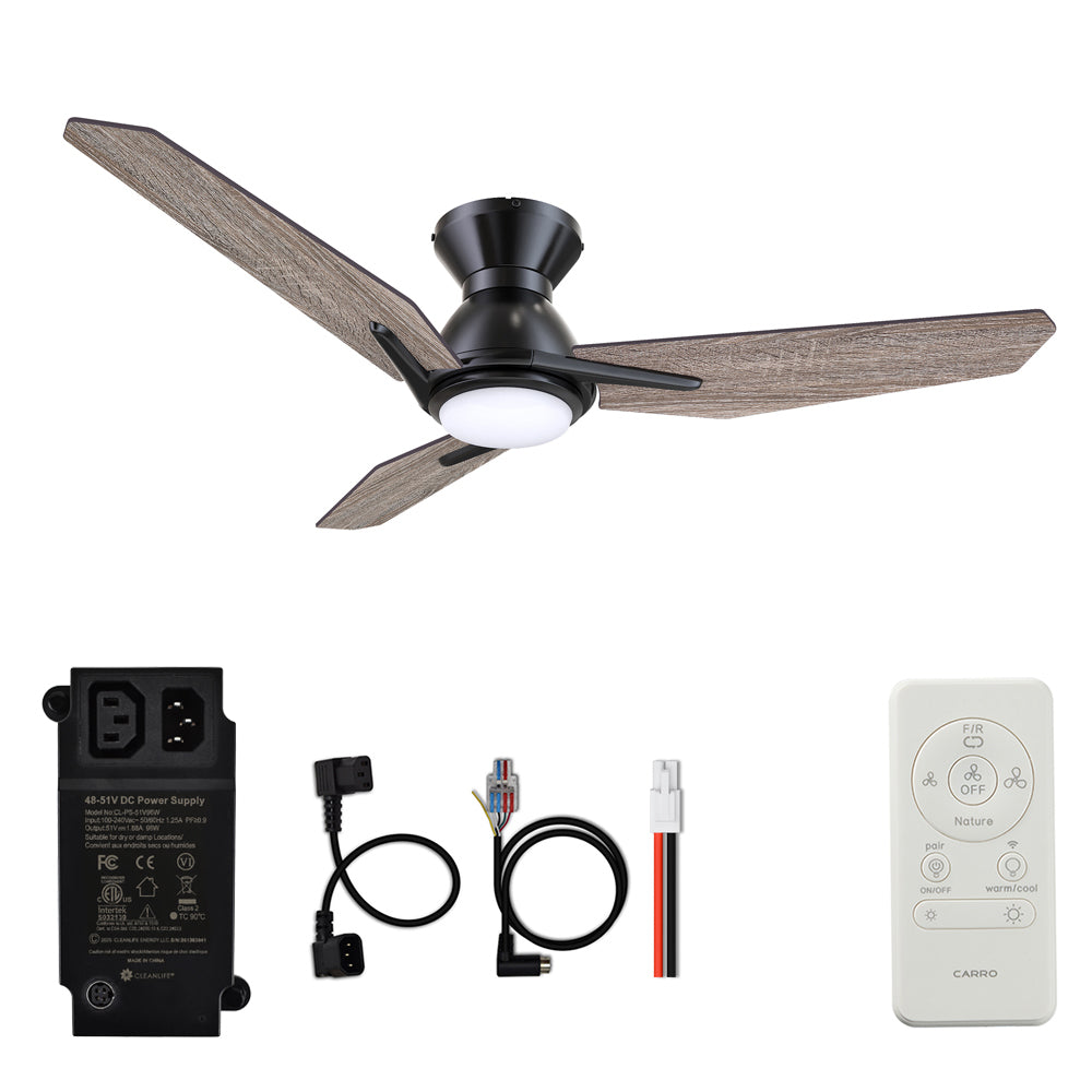 CARRO® CALEN 48VDC 3-Blade Flush Mount Smart Ceiling Fan with LED Light Kit & Remote – Matte Black / Barnwood