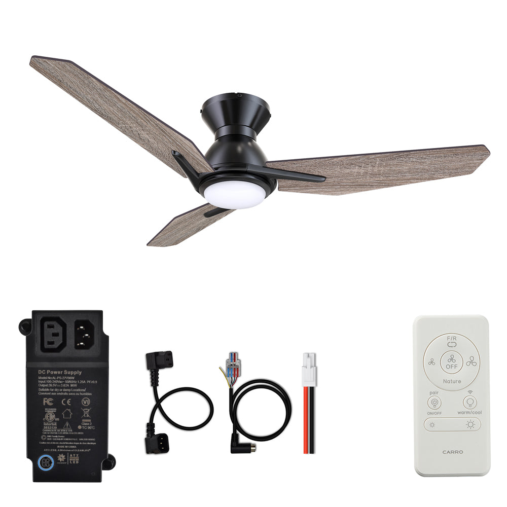 CARRO® CALEN 24VDC 3-Blade Flush Mount Smart Ceiling Fan with LED Light Kit & Remote – Matte Black / Barnwood