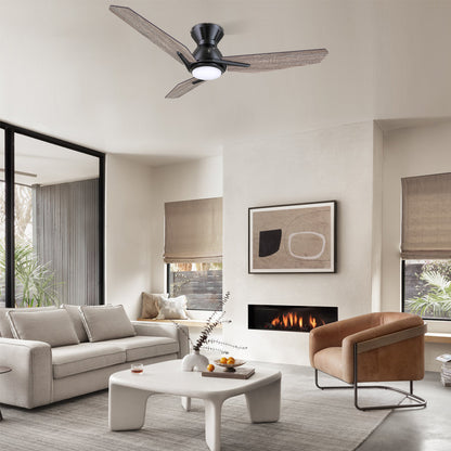 CARRO® CALEN 24VDC 3-Blade Flush Mount Smart Ceiling Fan with LED Light Kit & Remote – Matte Black / Barnwood