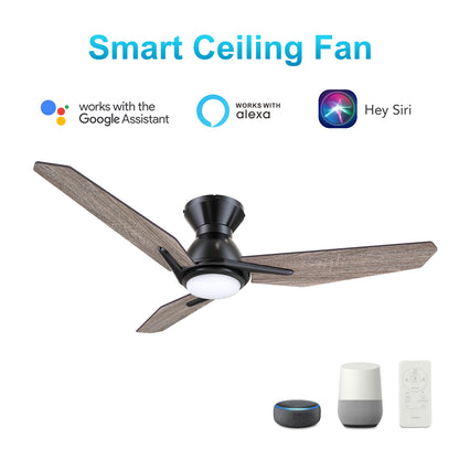 CARRO® CALEN 24VDC 3-Blade Flush Mount Smart Ceiling Fan with LED Light Kit & Remote – Matte Black / Barnwood