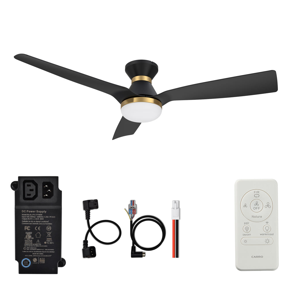 CARRO® SPEZIA 24VDC 3-Blade Flush Mount Smart Ceiling Fan with LED Light Kit & Remote – Matte Black / Brushed Gold