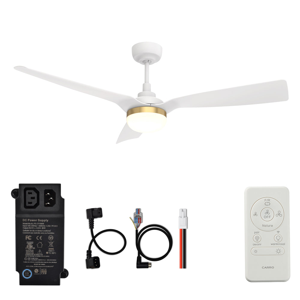 CARRO® SPEZIA 24VDC 3-Blade Smart Ceiling Fan with LED Light Kit & Remote – Matte White / Brushed Gold