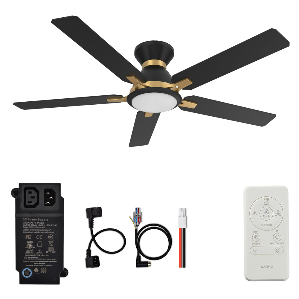 CARRO® ESPEAR 24VDC 5-Blade Flush Mount Smart Ceiling Fan with LED Light Kit & Remote – Matte Black / Brushed Gold