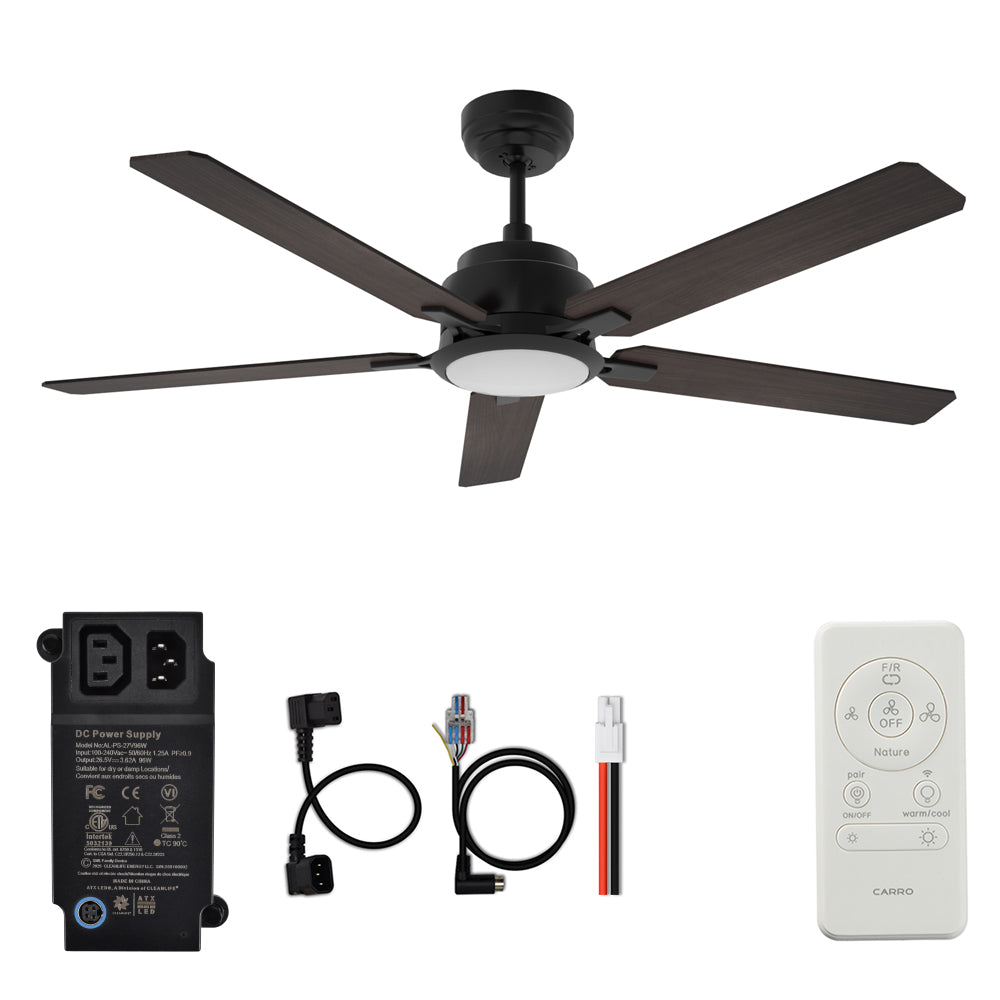 CARRO® ESPEAR 24VDC 5-Blade Smart Ceiling Fan with LED Light Kit & Remote – Matte Black/Dark Walnut