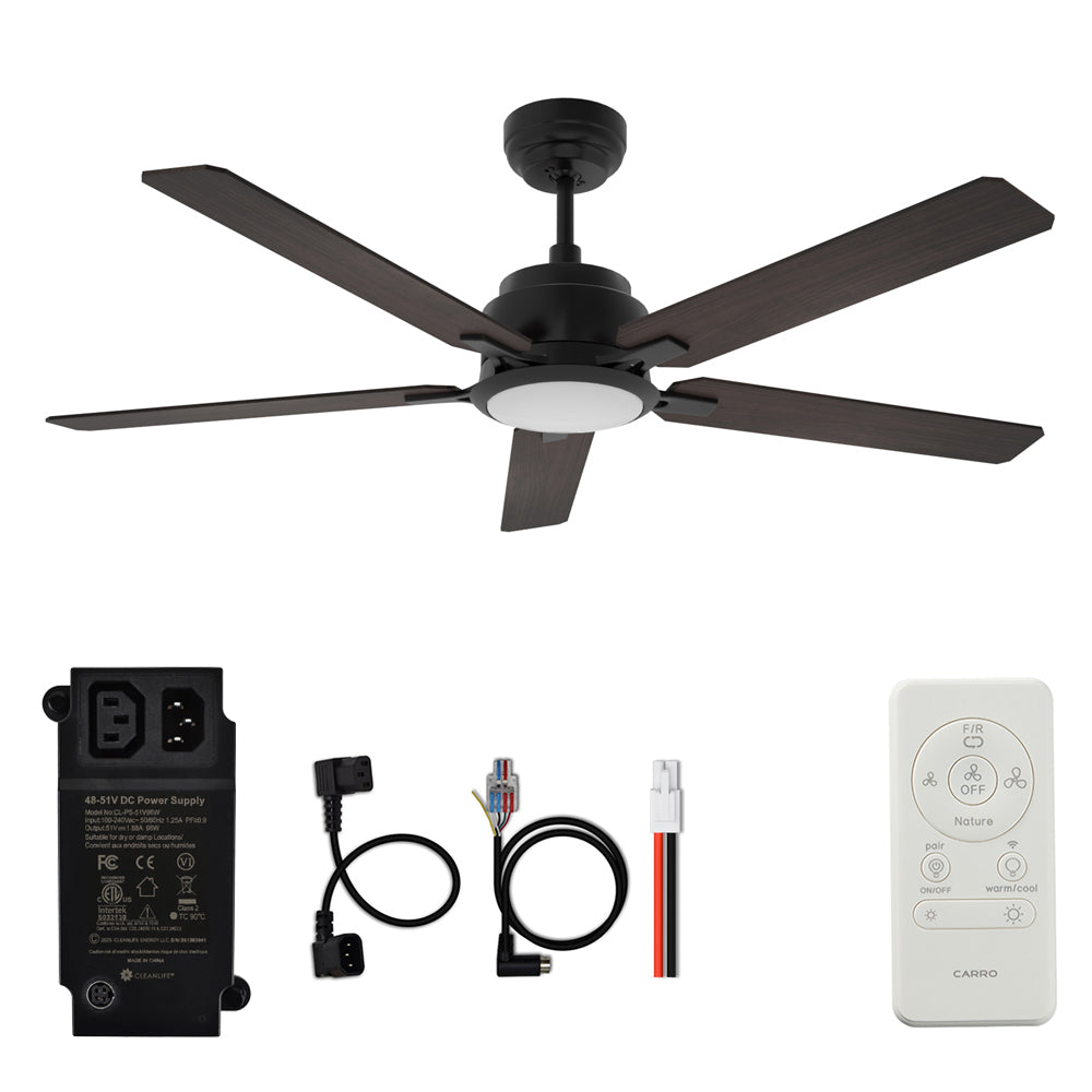 CARRO® ESPEAR 48VDC 5-Blade Smart Ceiling Fan with LED Light Kit & Remote – Matte Black/Dark Walnut