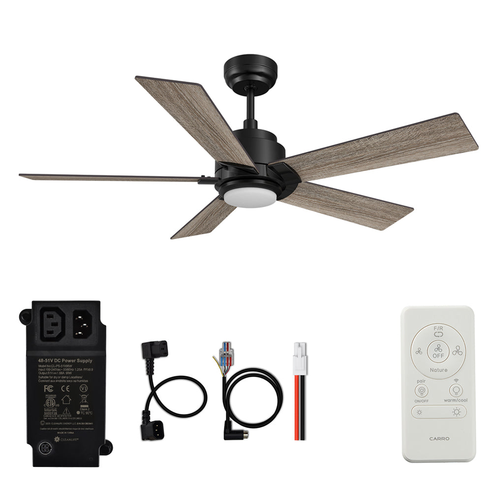 CARRO® ESPEAR 48VDC 5-Blade Smart Ceiling Fan with LED Light Kit & Remote – Matte Black/Weathered Walnut