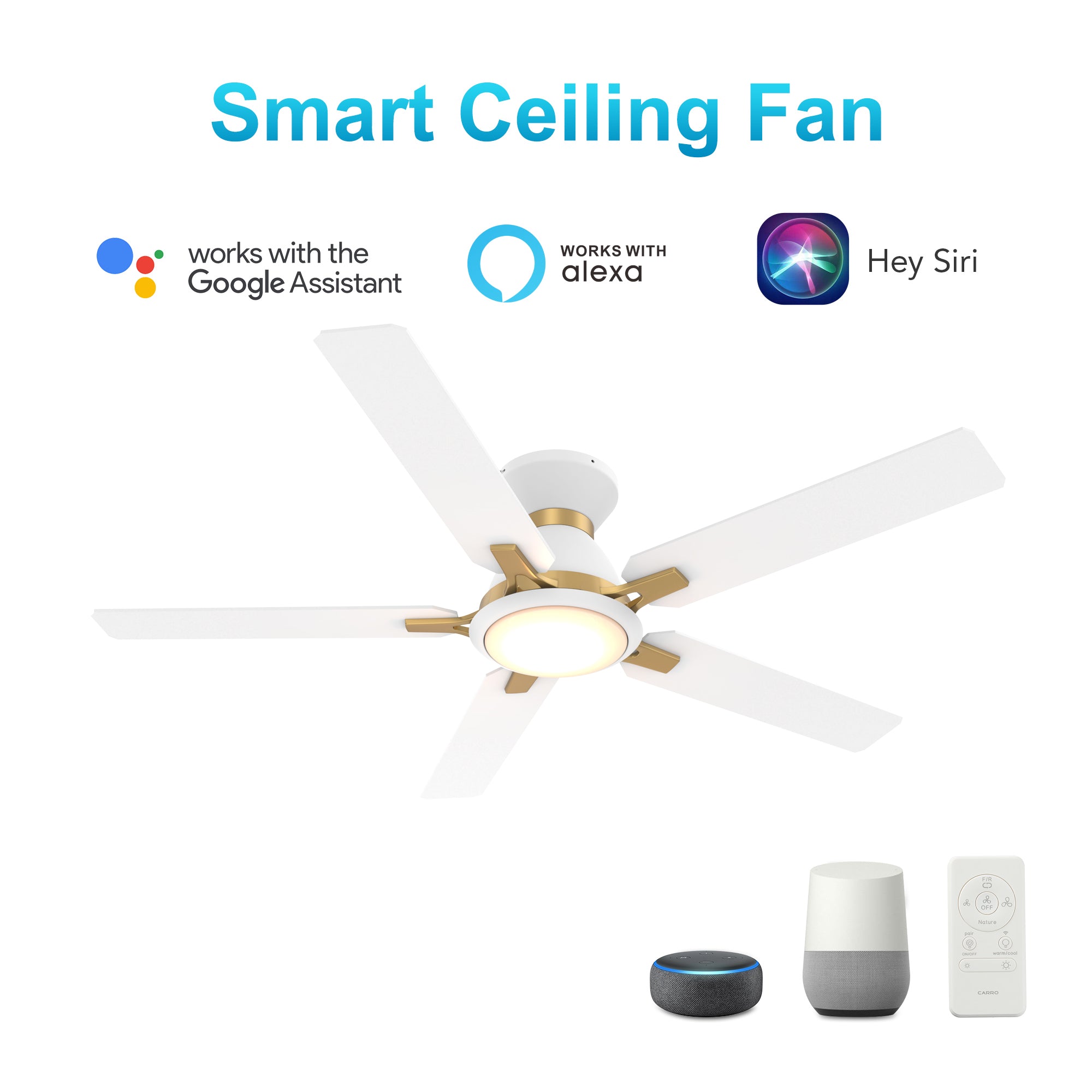 CARRO® ESPEAR 24VDC 5-Blade Smart Ceiling Fan with LED Light Kit & Remote – Matte White / Brushed Gold *Free Shipping*
