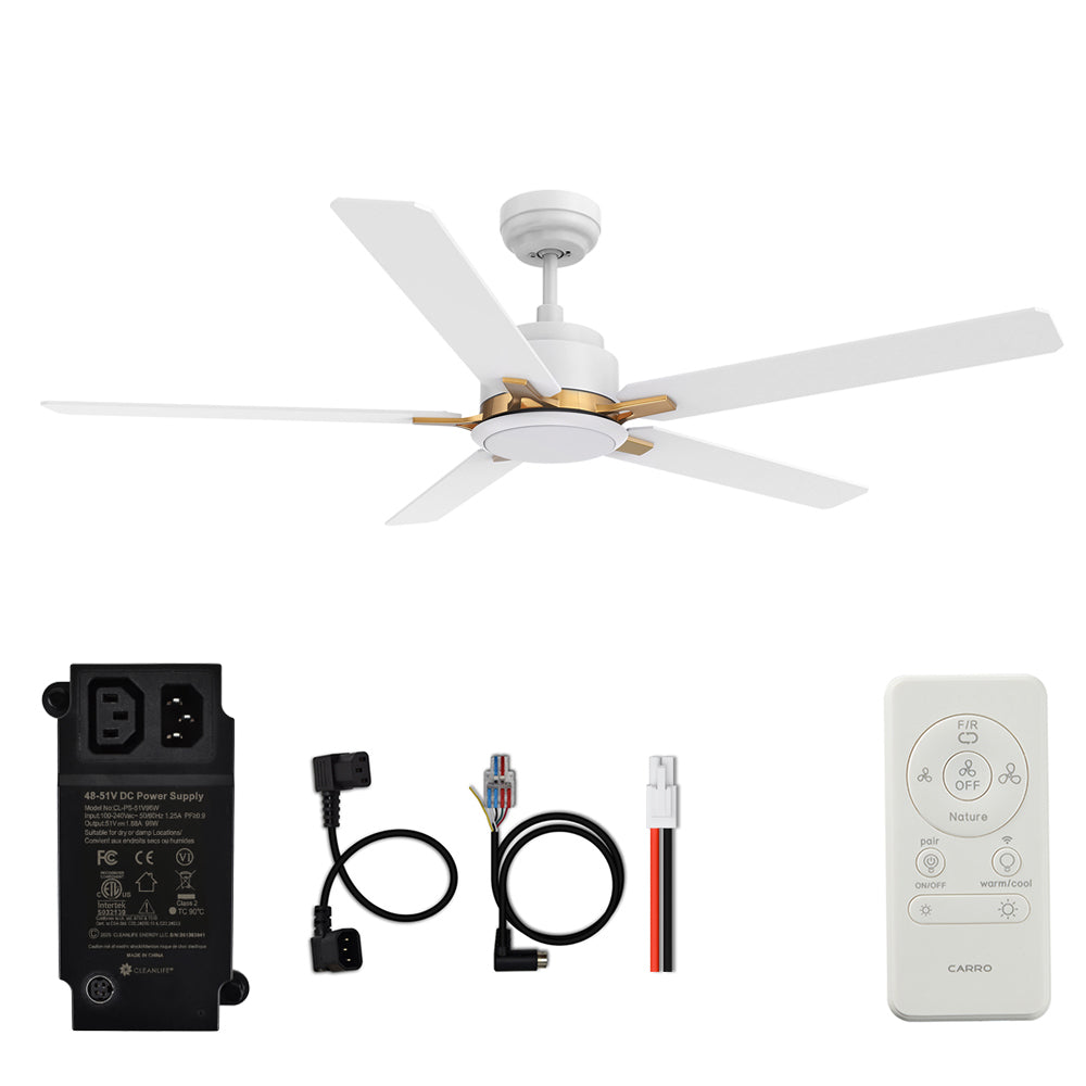CARRO® ESPEAR 48VDC 5-Blade Smart Ceiling Fan with LED Light Kit & Remote – Matte White / Brushed Gold