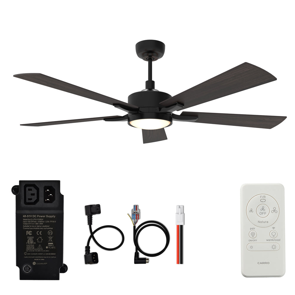 CARRO® APPLETON 48VDC 5-Blade Smart Ceiling Fan with LED Light Kit & Remote – Matte Black / Cherrywood