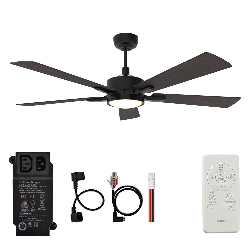 CARRO® APPLETON 24VDC 5-Blade Smart Ceiling Fan with LED Light Kit & Remote – Matte Black / Dark Walnut