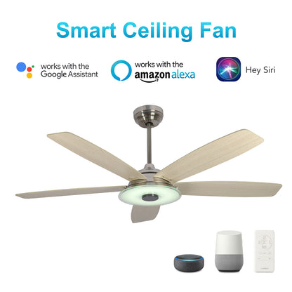 CARRO® JOURNEY 24VDC 5-Blade Smart Ceiling Fan with LED Light Kit & Remote – Brushed Nickel / Light Chestnut