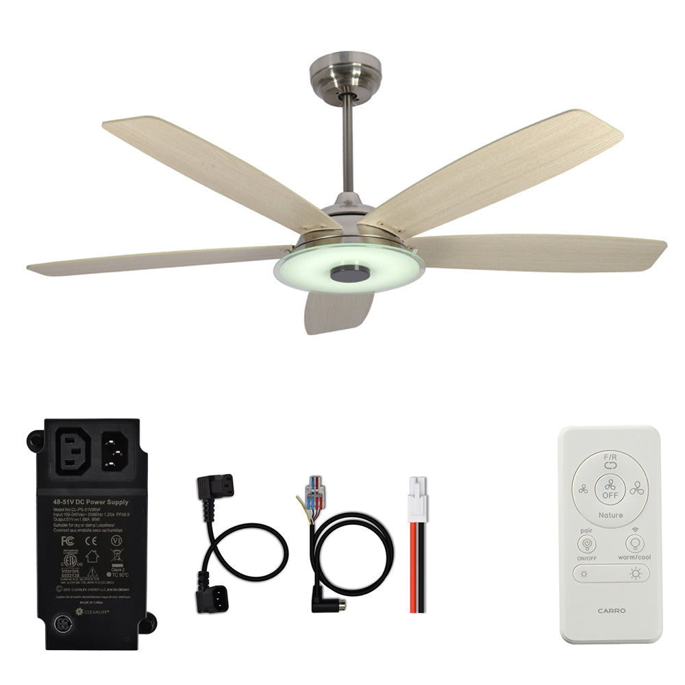 CARRO® JOURNEY 48VDC 5-Blade Smart Ceiling Fan with LED Light Kit & Remote – Brushed Nickel / Light Chestnut