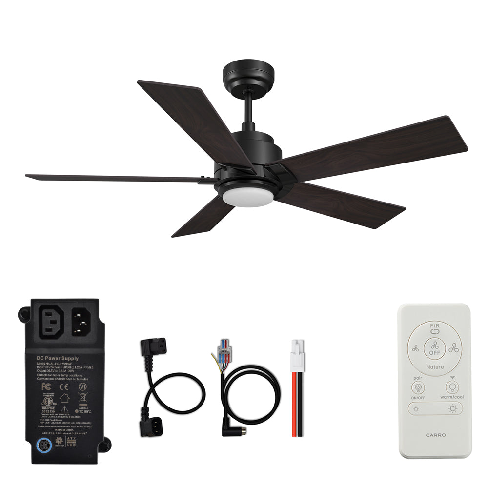 CARRO® ASCENDER 24VDC 5-Blade Smart Ceiling Fan with LED Light Kit & Remote – Matte Black / Weathered Walnut
