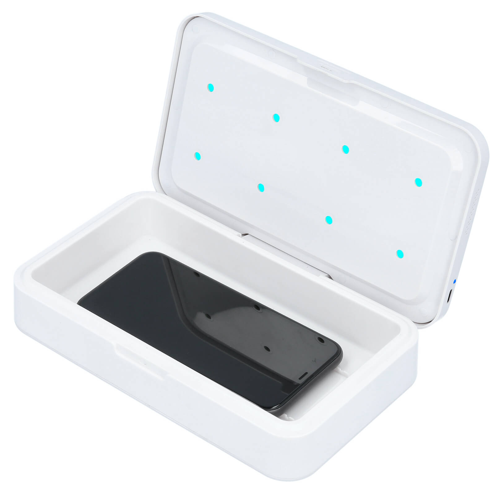 phone sanitizing device using uv light with phone inside on white background
