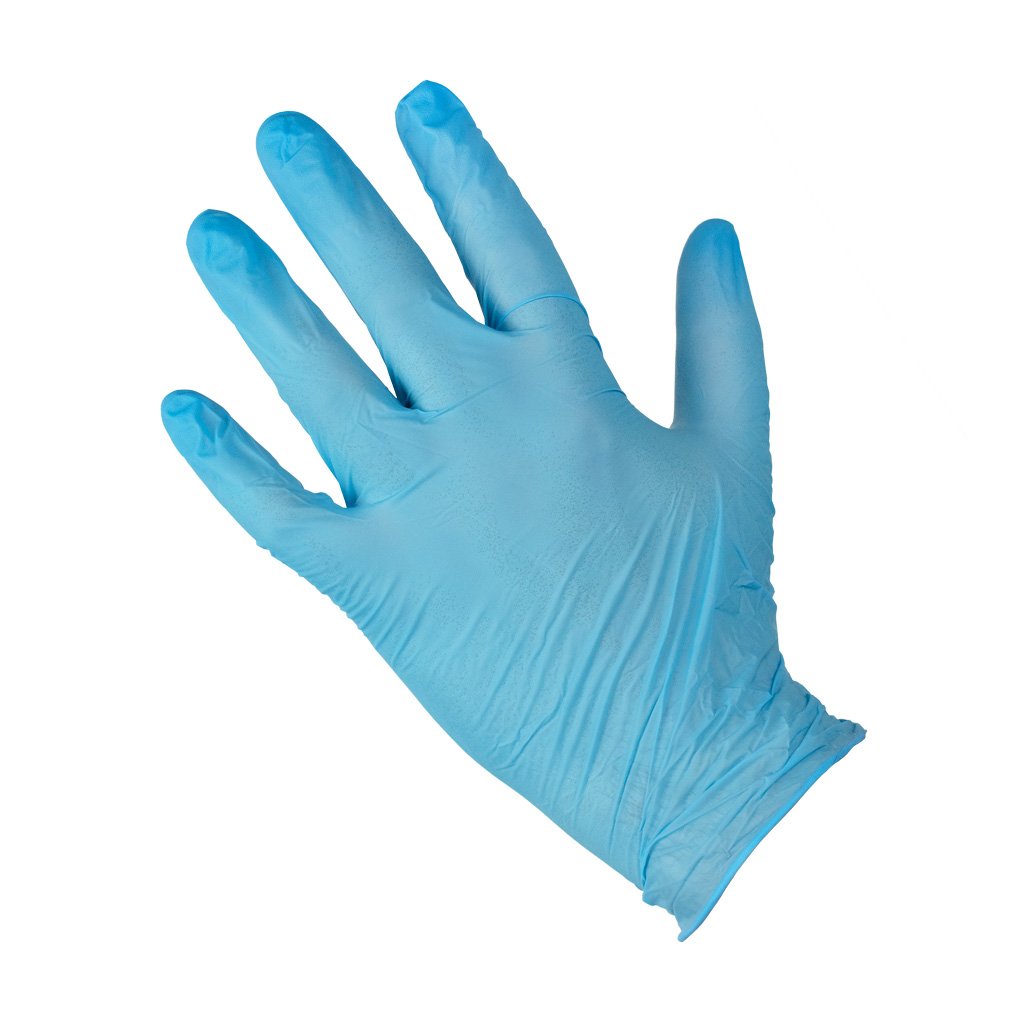 blue Nitrile Glove being worn on a hand