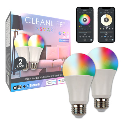 CLEANLIFE® Smart Gen 2 A19 LED Light Bulb - RGB+Tunable White, WiFi + Bluetooth *FREE SHIPPING*