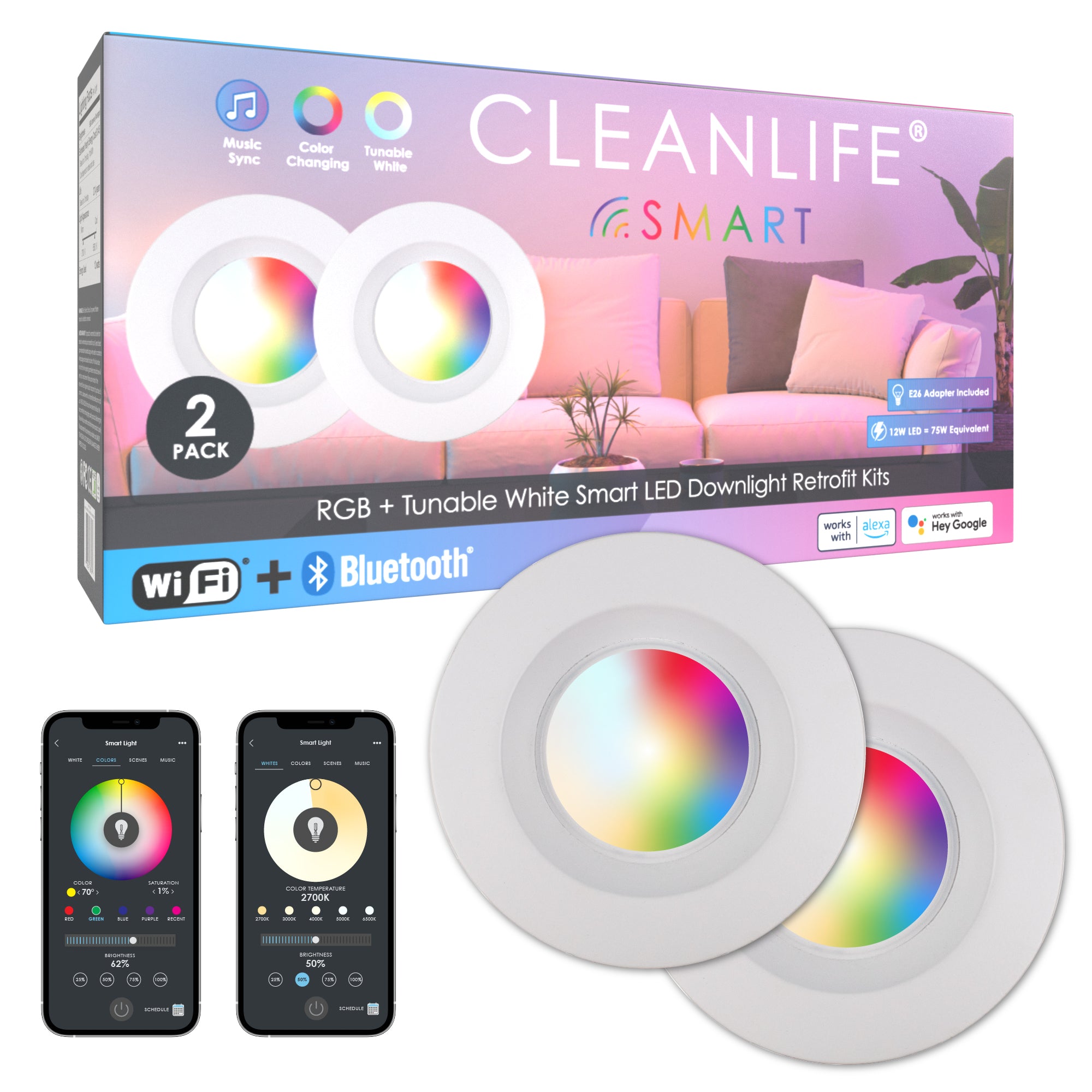 CLEANLIFE® Smart LED Downlight - RGB+Tunable White, WiFi + Bluetooth *FREE SHIPPING*