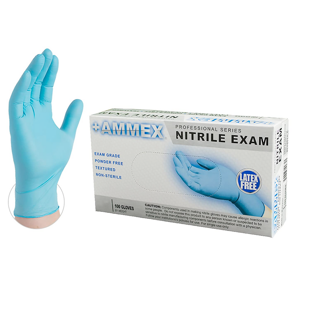 box of blue nitrile exam gloves with hand wearing a glove