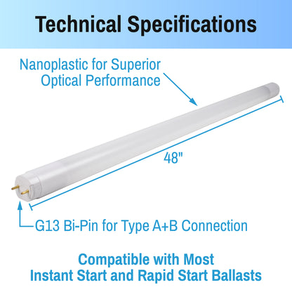 specifications of led tubes showing the length is 48 inches
