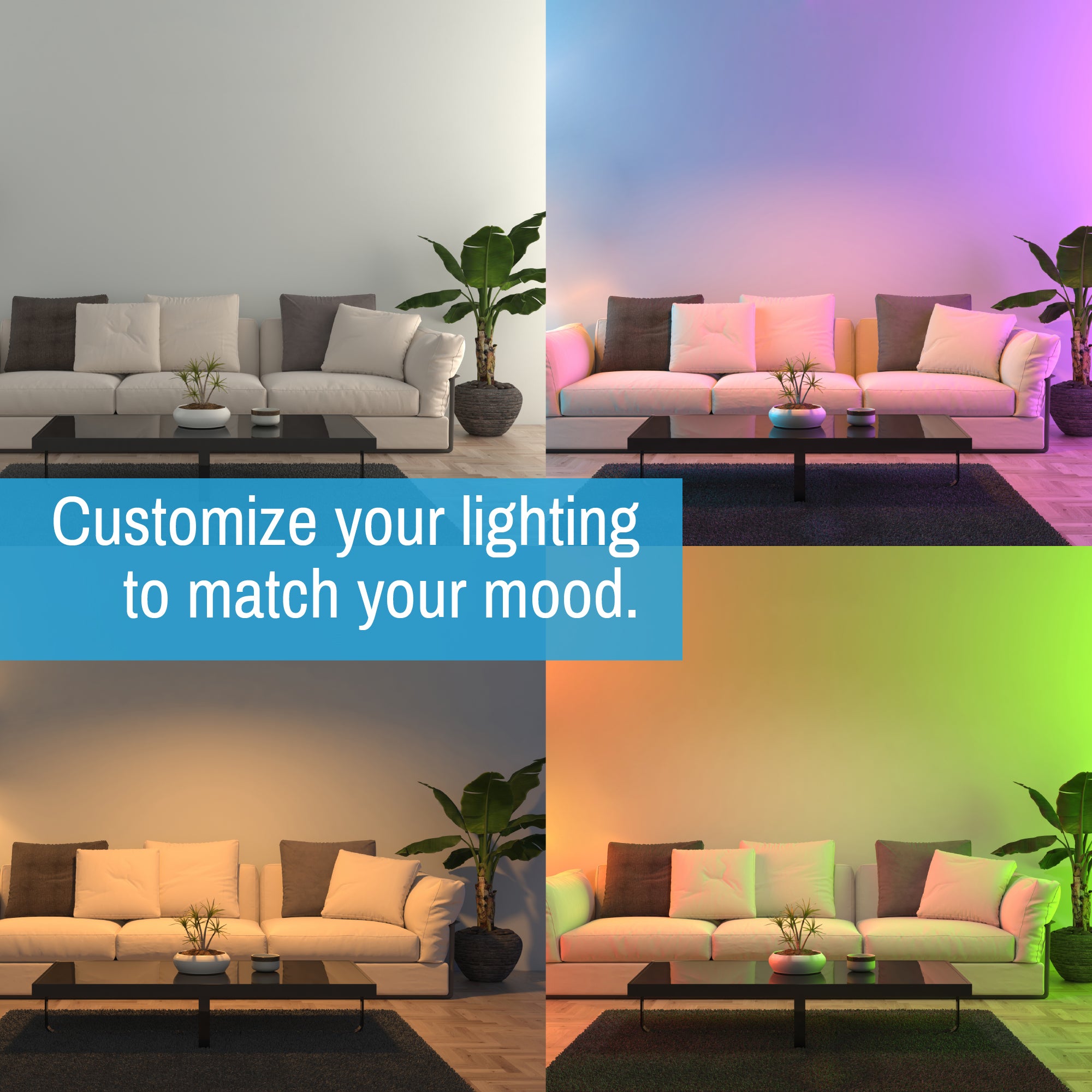 led lights being used in living room in different colors