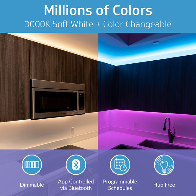 TrueColor® Smart LED Light Strips - RGB+3000K or Tunable White, Bluetooth Control