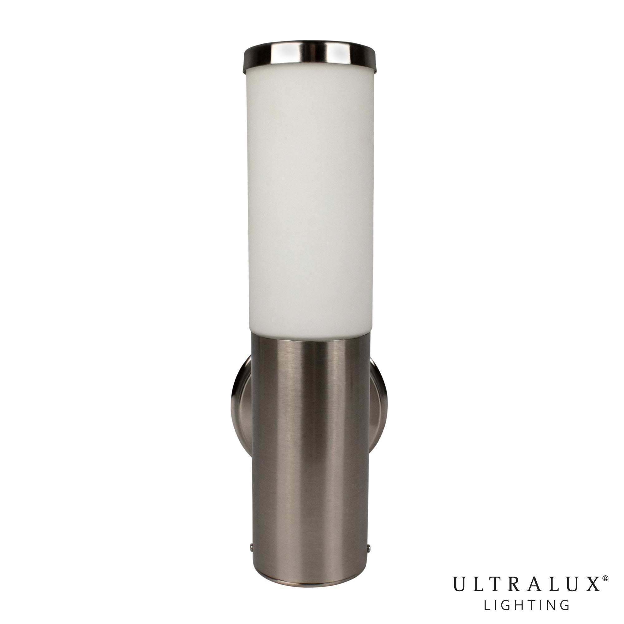 brushed nickel led wall sconce on white background