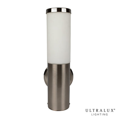 brushed nickel led wall sconce on white background