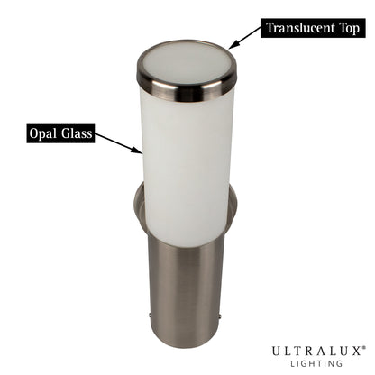 brushed nickel led wall sconce on white background
