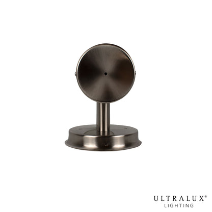 bottom view of brushed nickel led wall sconce on white background