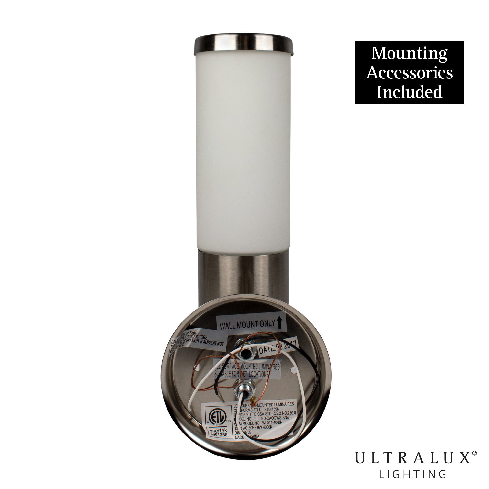 mounting accessories of brushed nickel led wall sconce on white background