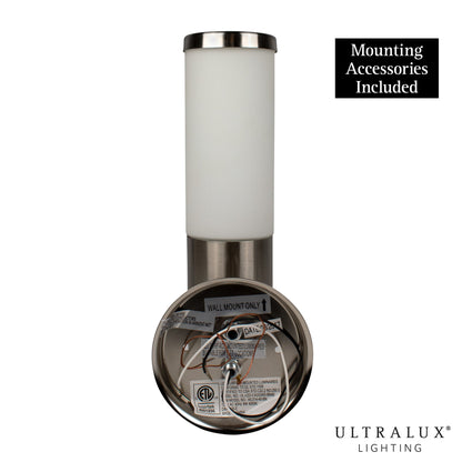 mounting accessories of brushed nickel led wall sconce on white background