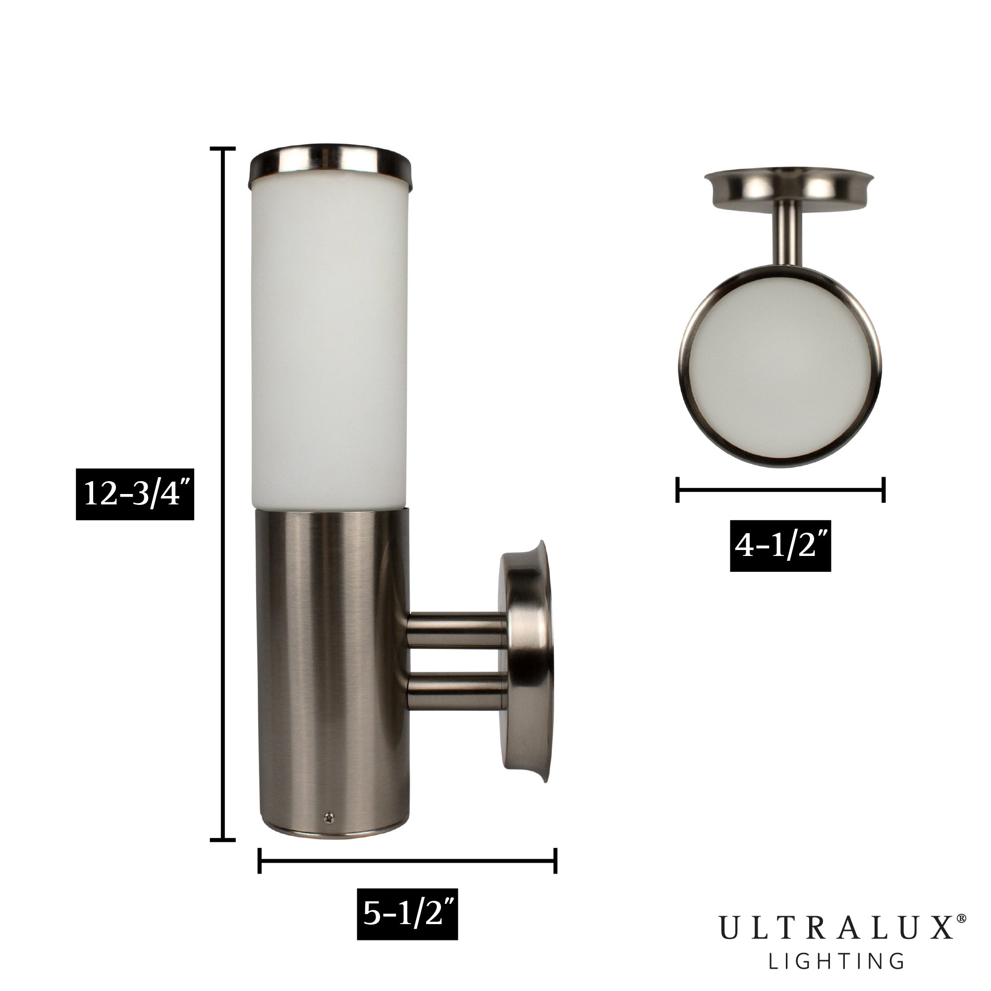 dimensions of brushed nickel led wall sconce on white background