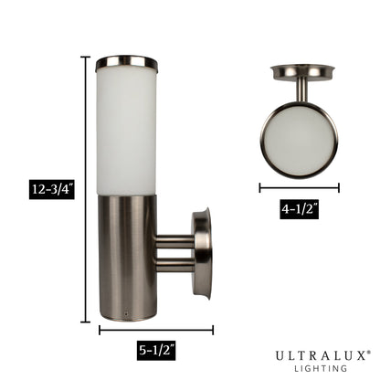 dimensions of brushed nickel led wall sconce on white background