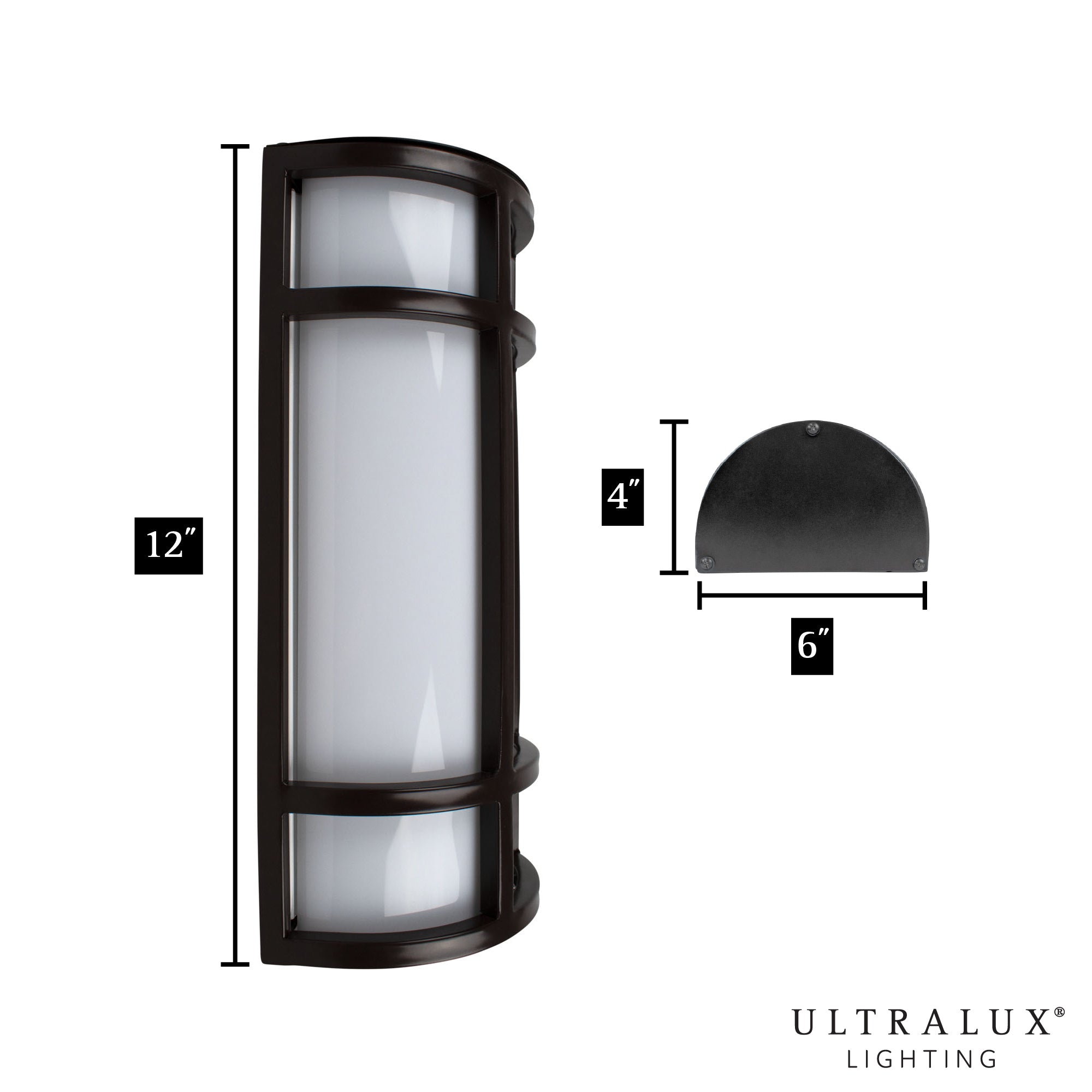 side and top views of black wall sconce on white background