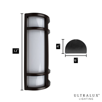 side and top views of black wall sconce on white background