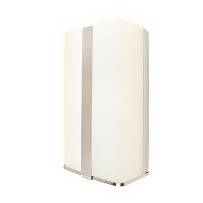 brushed nickel glass wall sconce on white background