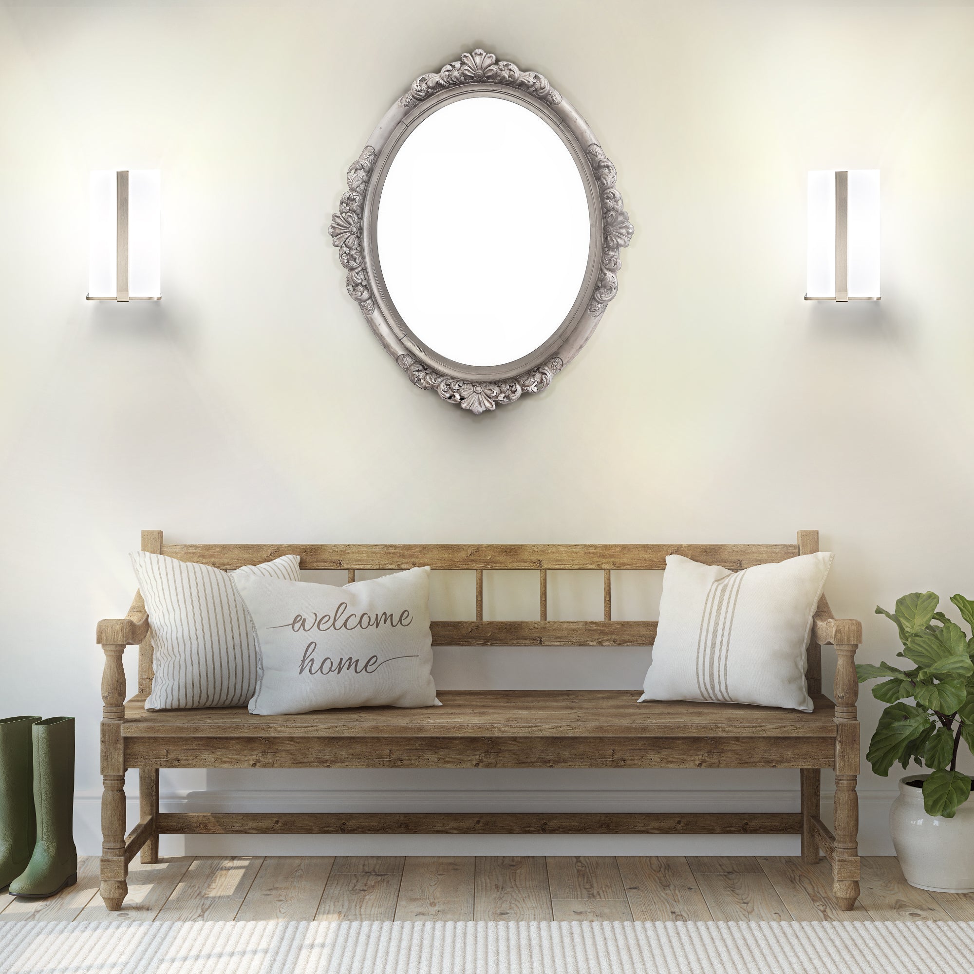 2 brushed nickel glass wall sconces being used on an entryway wall