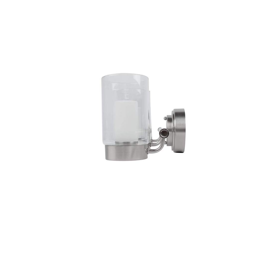 side view of brushed nickel vanity lighting on white background