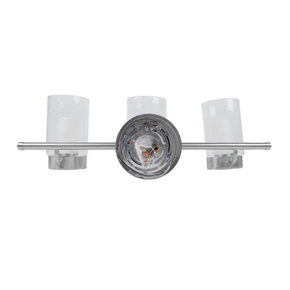 back view of brushed nickel vanity lighting