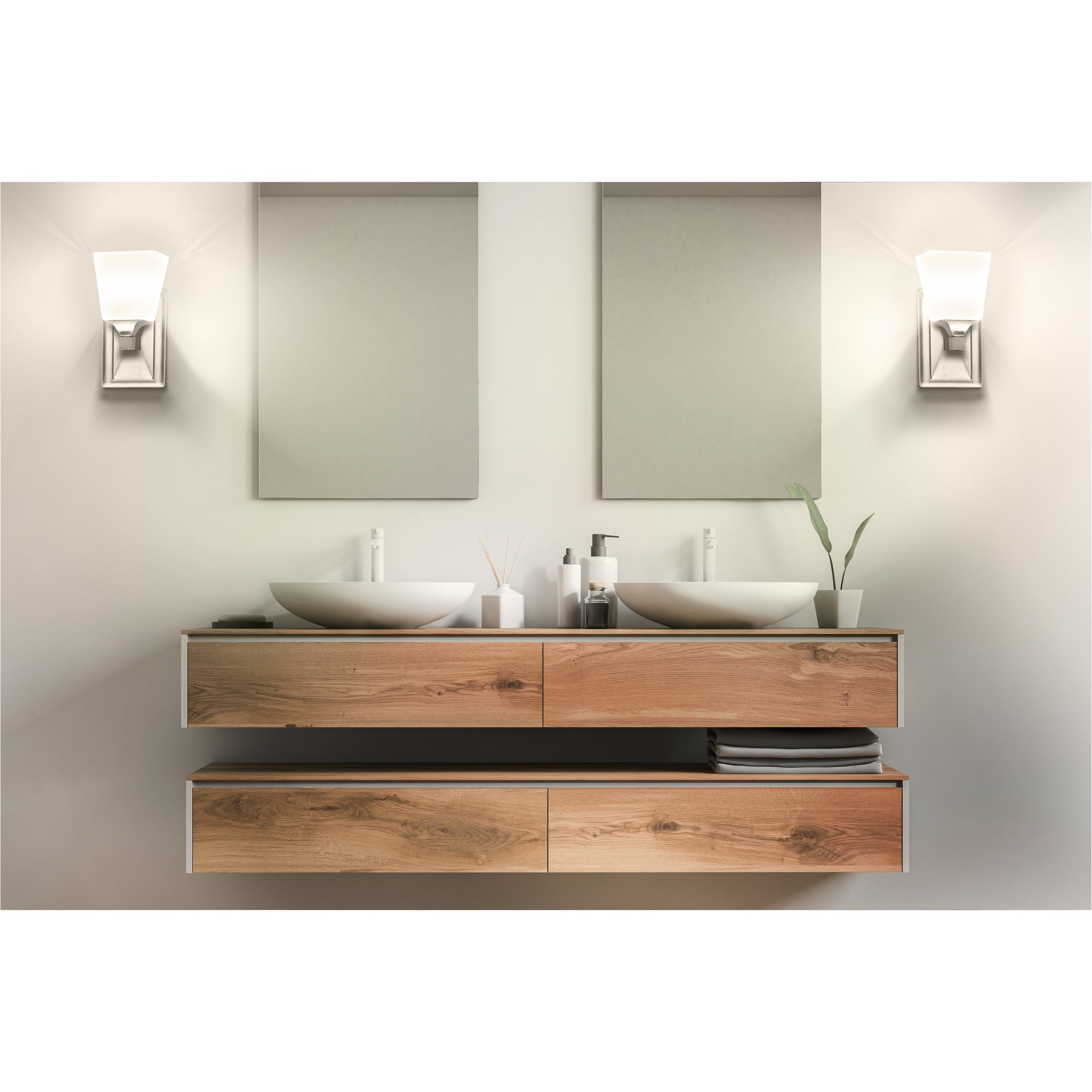 2 traditional led wall sconces being used on either side of a bathroom vanity